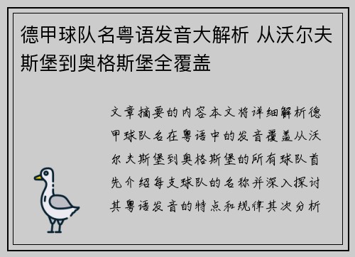 德甲球队名粤语发音大解析 从沃尔夫斯堡到奥格斯堡全覆盖